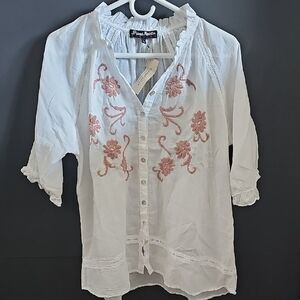 White Blouse Linen like 100% Cotton with Pink Floral Embroidery